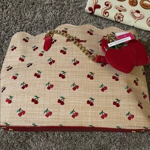 Cherry Print Beige and Red Tote Bag